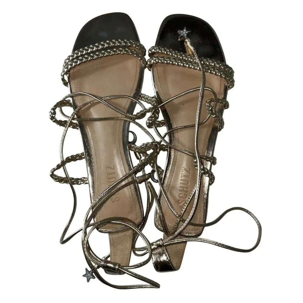 Schutz Braided Platinum Lunah Flat Sandals Size 7